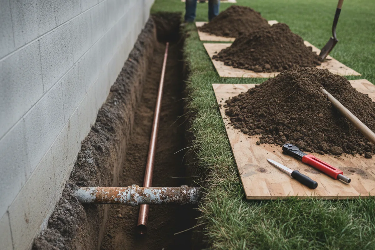 Excavated water line trench during Sewer Line Repair in Mc Queeney